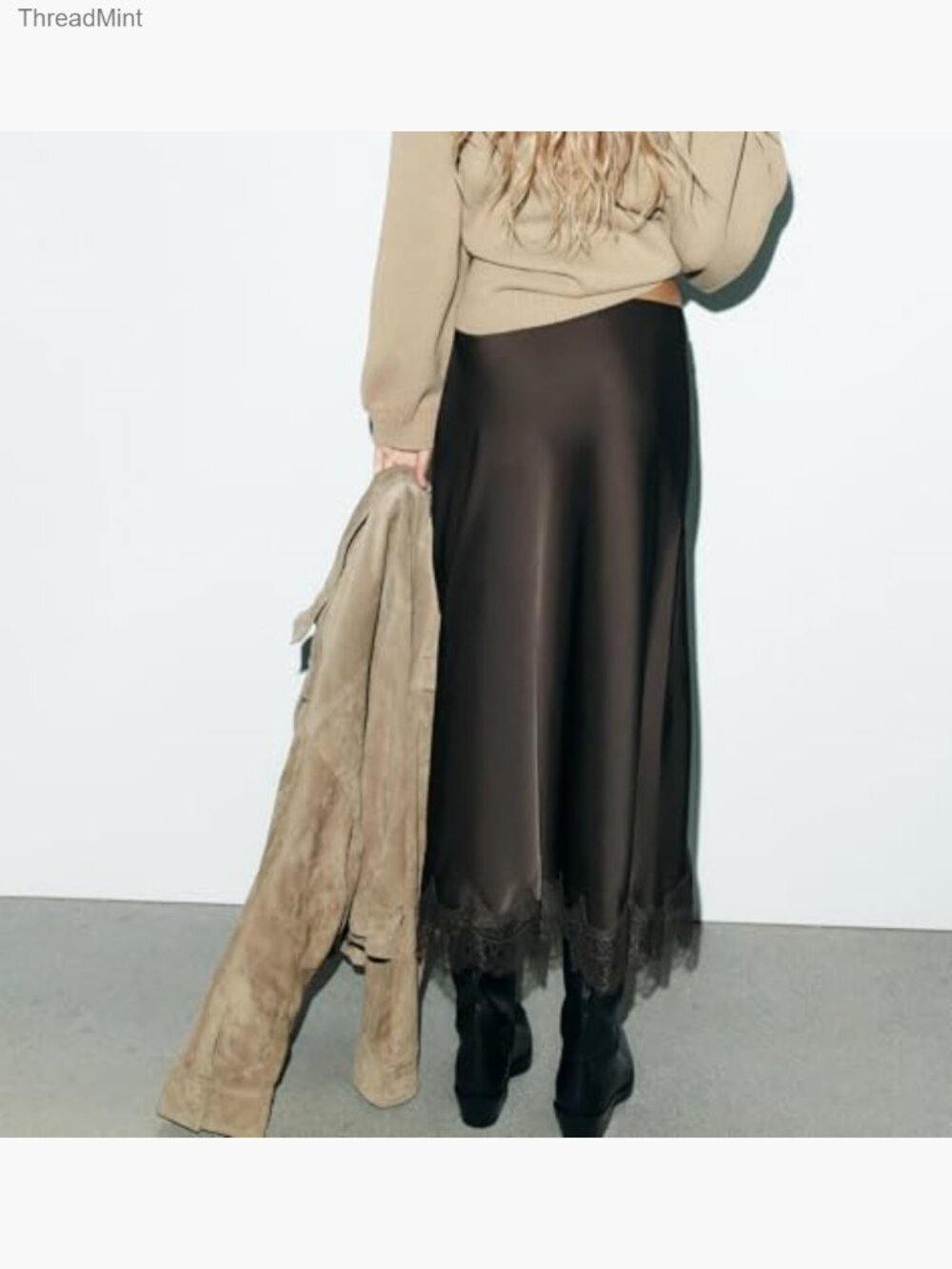 Satin Lace Trim Midi Skirt Elastic Waist Asymmetrical Maxi Slip - Picture 6 of 6